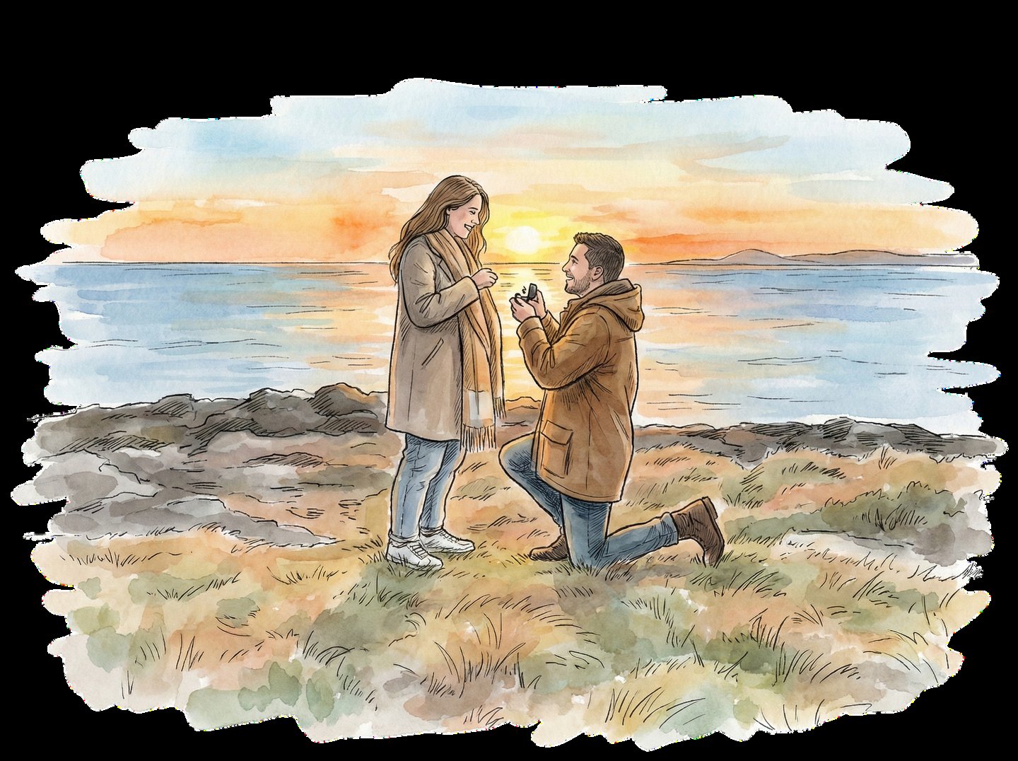 Ilustração em aquarela do pedido de casamento ao pôr do sol